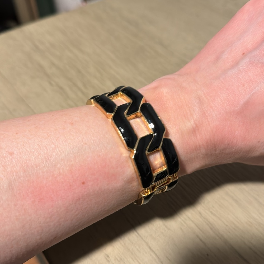 Vintage Gold Enamel Hinge Bangle Bracelet, Black, Chain, Retro, Boho
